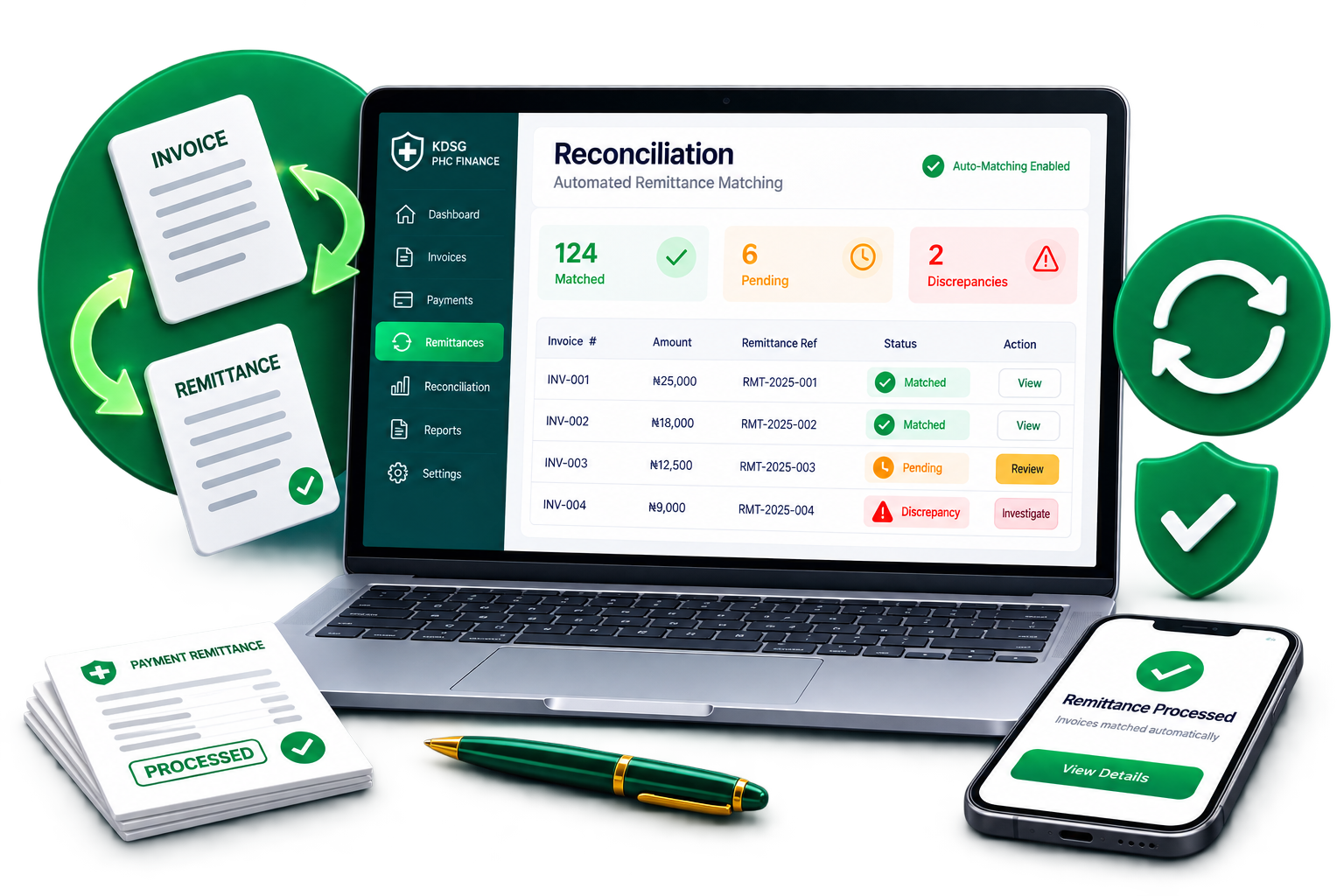Reconciliation dashboard matching invoices to payments