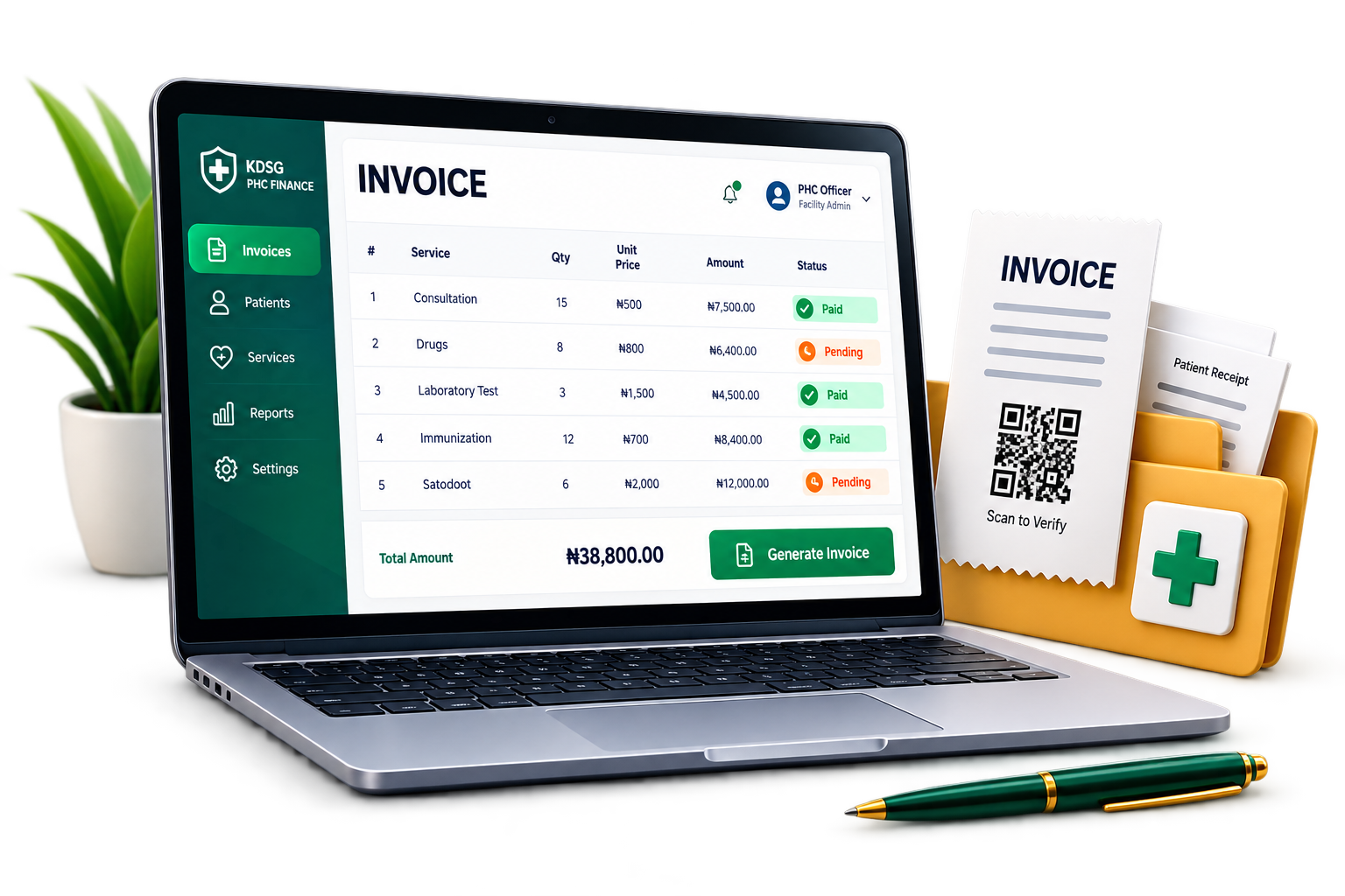Invoice management dashboard showing a paid PHC invoice